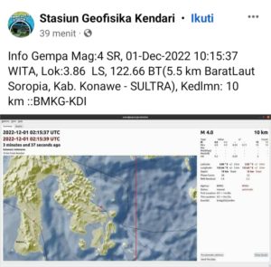 Gempa Bumi Magnitudo 4 Guncang Konawe, Dirasakan Sampai Wilayah Kota Kendari