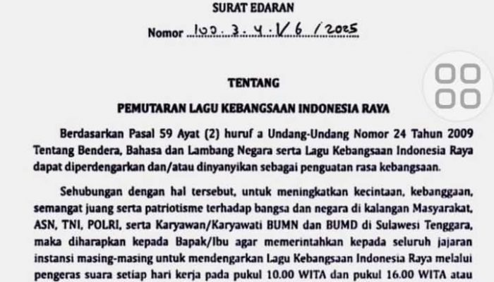 Gubernur Sultra Instruksikan Pemutaran Lagu Indonesia Raya di Lingkungan Instansi Pemerintah, BUMN dan BUMD pada Hari Kerja