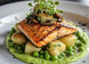 Salmon Panggang Mentega dengan Krim Pea Puree, Gnocchi Gebu, Jamur Tumis, dan Hijau Mikro